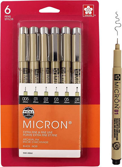 Picture of Sakura Pigma Micron Fineliner Pens - Archival Black Ink Pens - Pens for Writing, Drawing, or Journaling - Assorted Point Sizes - 6 Pack - copy