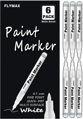 Picture of White Paint Pen, 6 Pack 0.7mm Acrylic White Permanent Marker White Paint Pens for Wood Rock Plastic Leather Glass Stone Metal Canvas Ceramic Marker Extra Very Fine Point Opaque Ink